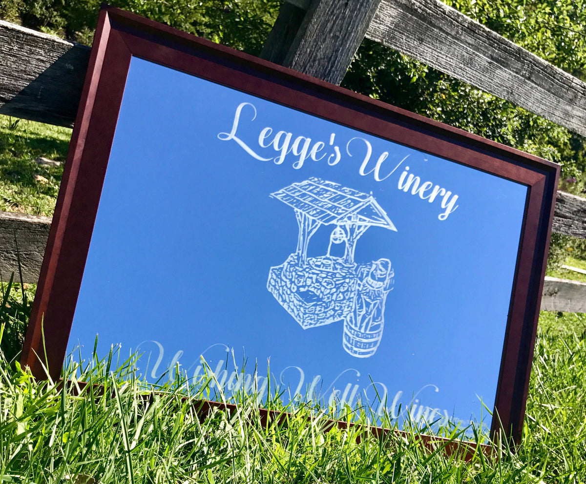 Custom Personalized Mirror, Brown Frame Large Mirror, Custom Artwork Mirror, Custom Engraved Mirror, Etched Bar Mirror, Winery Mirror