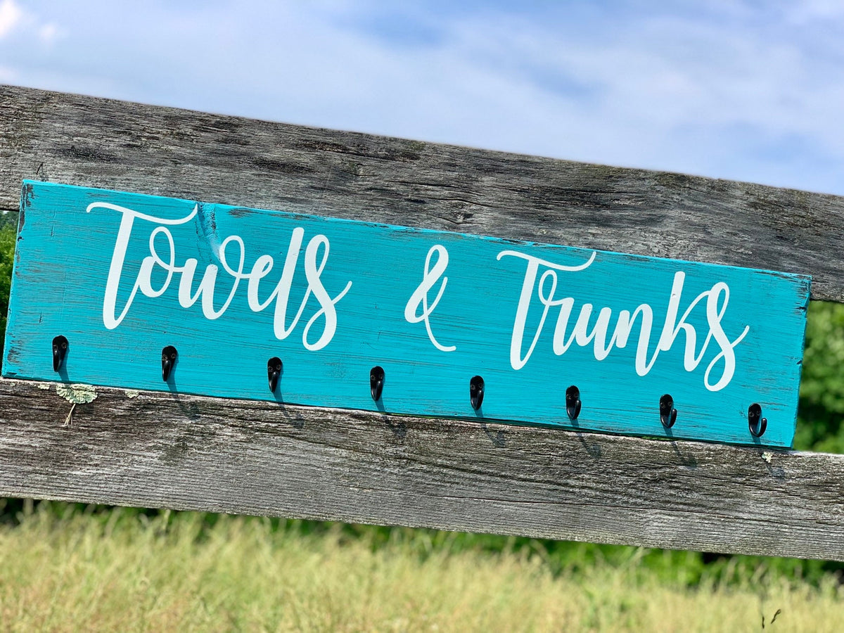 Hand Painted Pool Towels Sign|Farmhouse Towel Rack|Distressed Hanging Rustic Reclaimed Barnwood Hot Tub Sign|Pool Sign|Teal Farm Sign