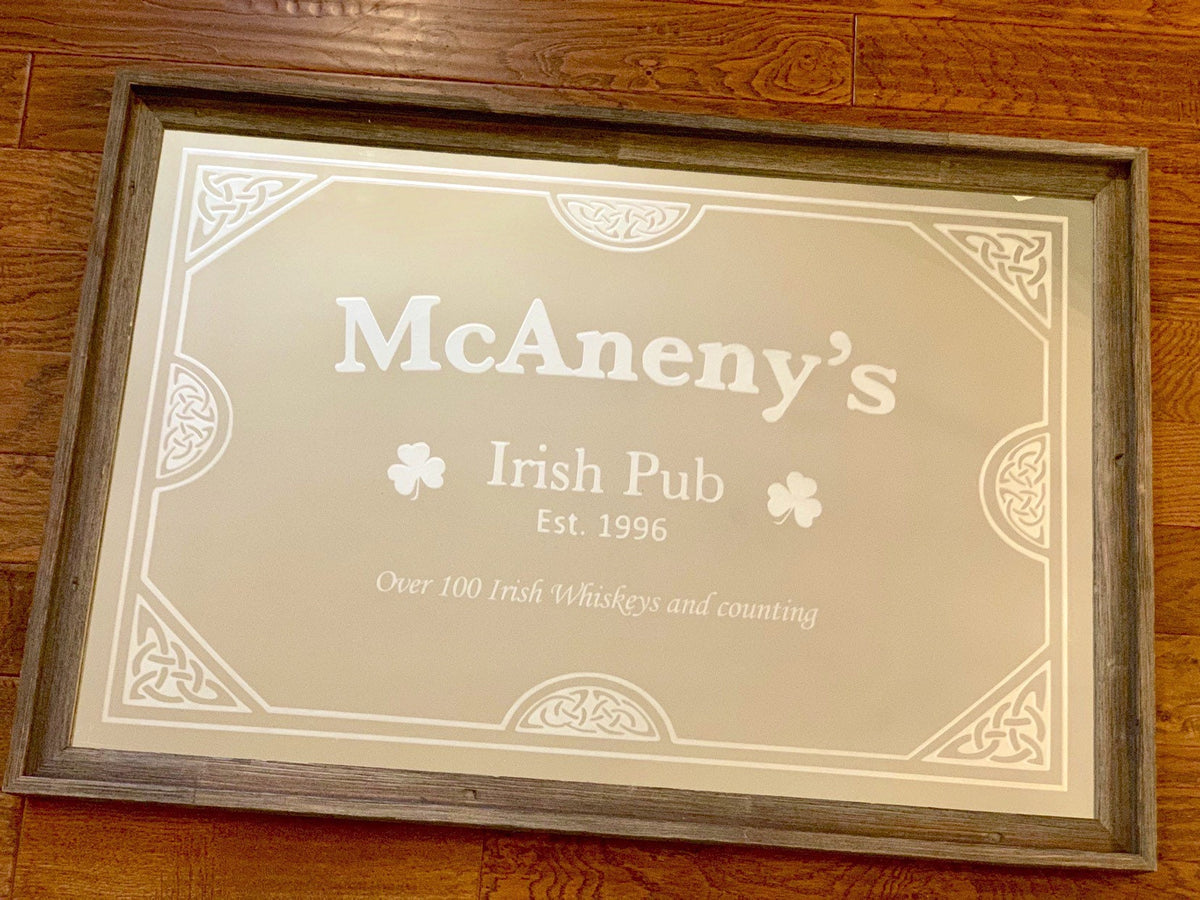 Personalized Irish Pub Mirror in Barnwood Frame|Personalized Bar Mirror|Custom Celtic Sign|Rustic Wall Mirror|Whiskey Sign|24x36
