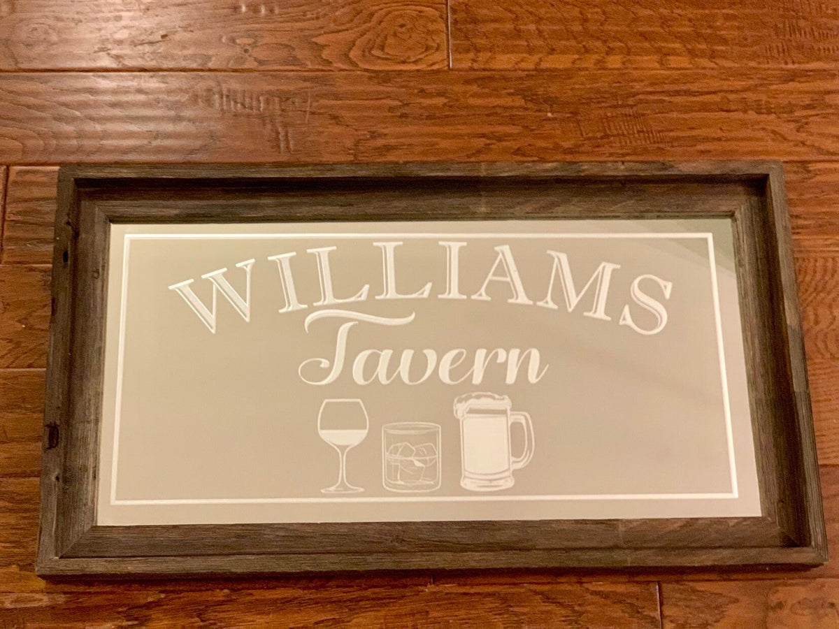 Custom Barware Glass Bar Mirror|Large Mirror|Personalized Bar Mirror|Custom Engraved Mirror|Barn wood mirror|Beer Gift|12x24