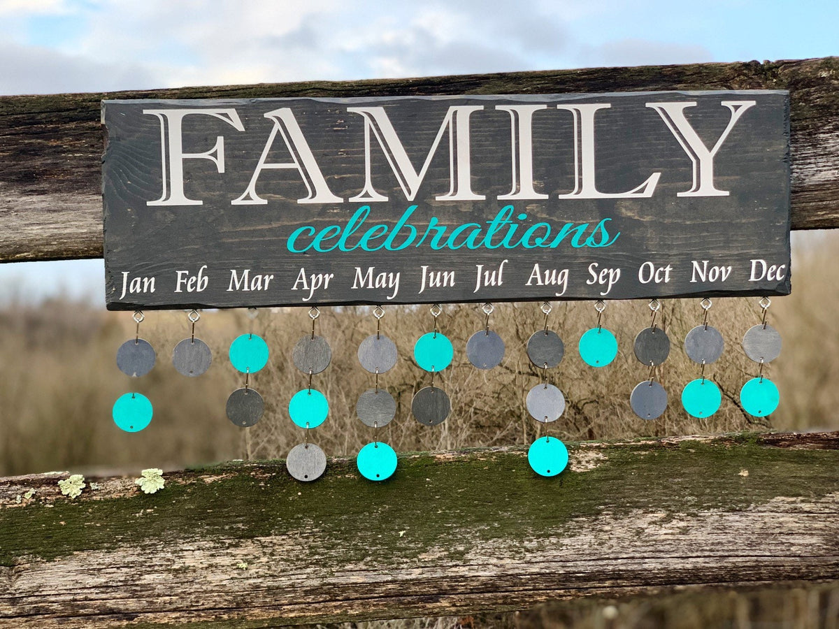 Grey and Teal Family Celebration Wall Hanging|Family Birthday Board|Celebration Sign|Birthday Anniversary Calendar|7.25x24"