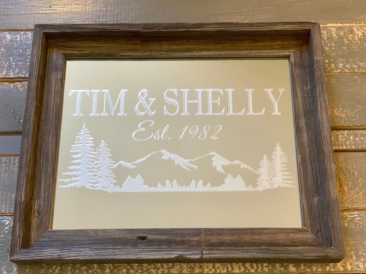 Personalized Mountain Lodge Barnwood Mirror|Large Mirror|Personalized Bar Mirror|Custom Engraved Mirror|barn wood mirror|11x14