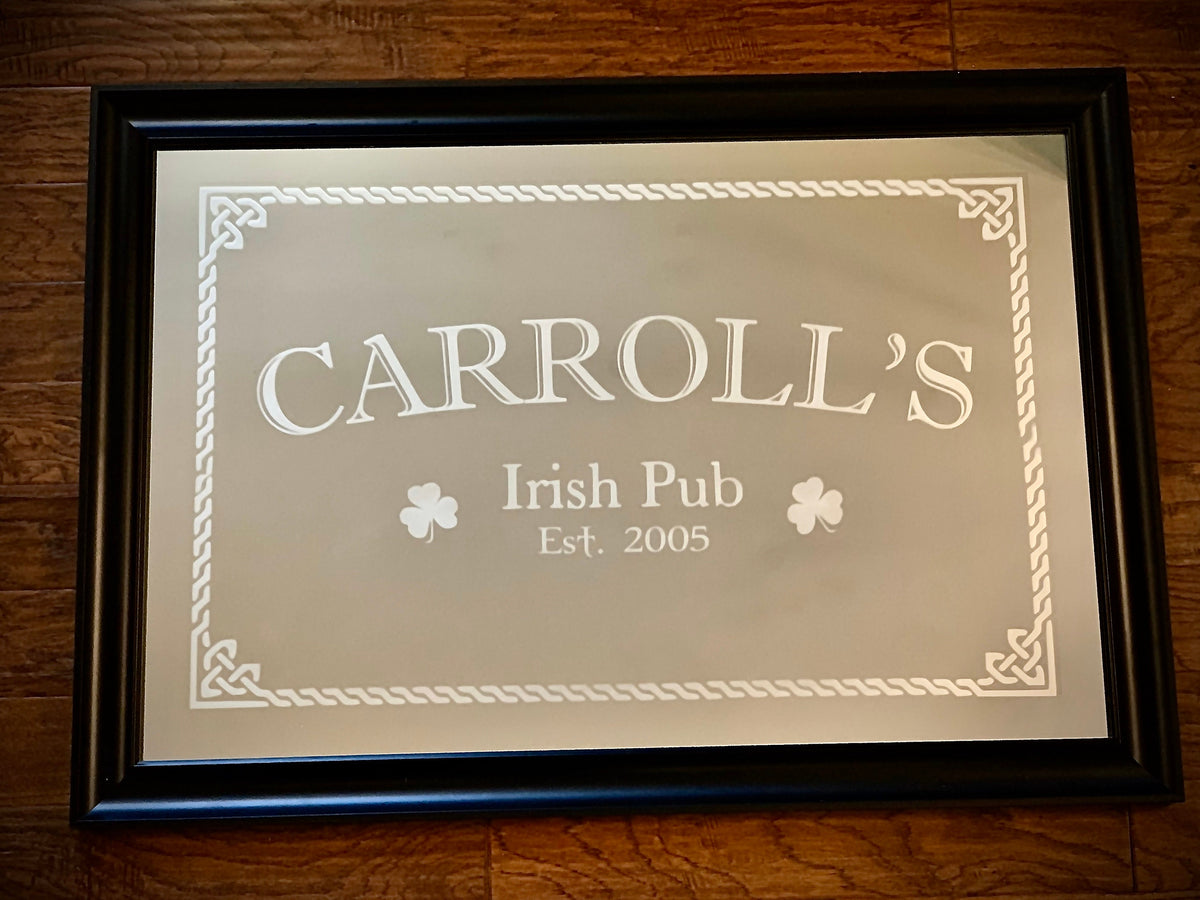 Personalized Irish Pub Mirror in Black Frame|Personalized Bar Mirror|Custom Engraved Mirror|Celtic Design|24x36