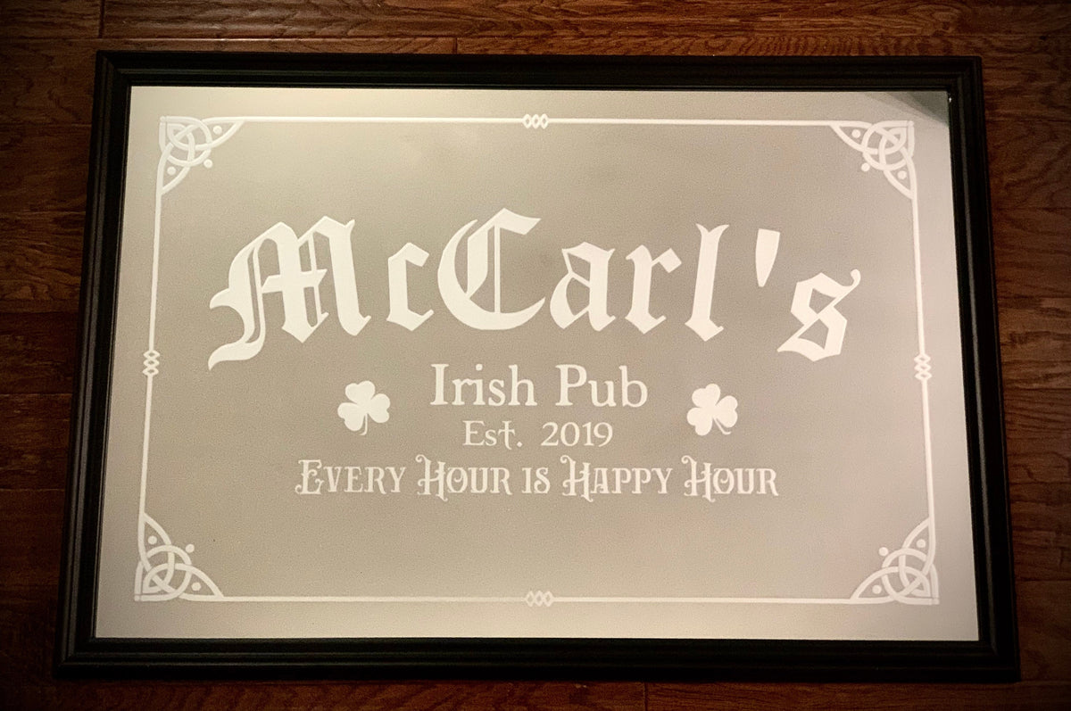 Custom Irish Pub Mirror|Large Mirror|Personalized Bar Mirror|Irish Pub Mirror|Custom Engraved Mirror|Etched Mirror|Black 24x36