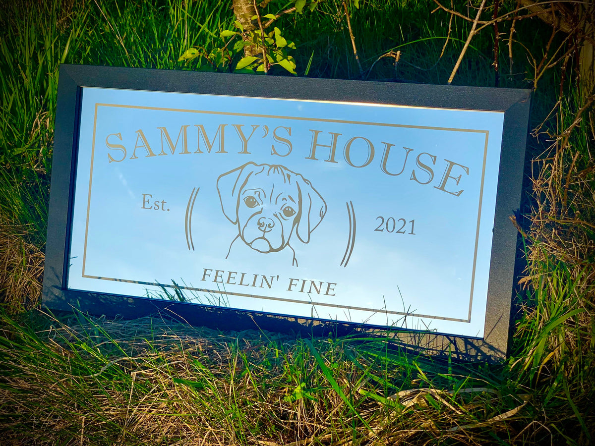 Custom Personalized Dog Wall Mirror|Large Mirror|Personalized Wall Mirror|Custom Engraved Mirror|Black mirror|12x24|Puggle Sign|Dog Sign