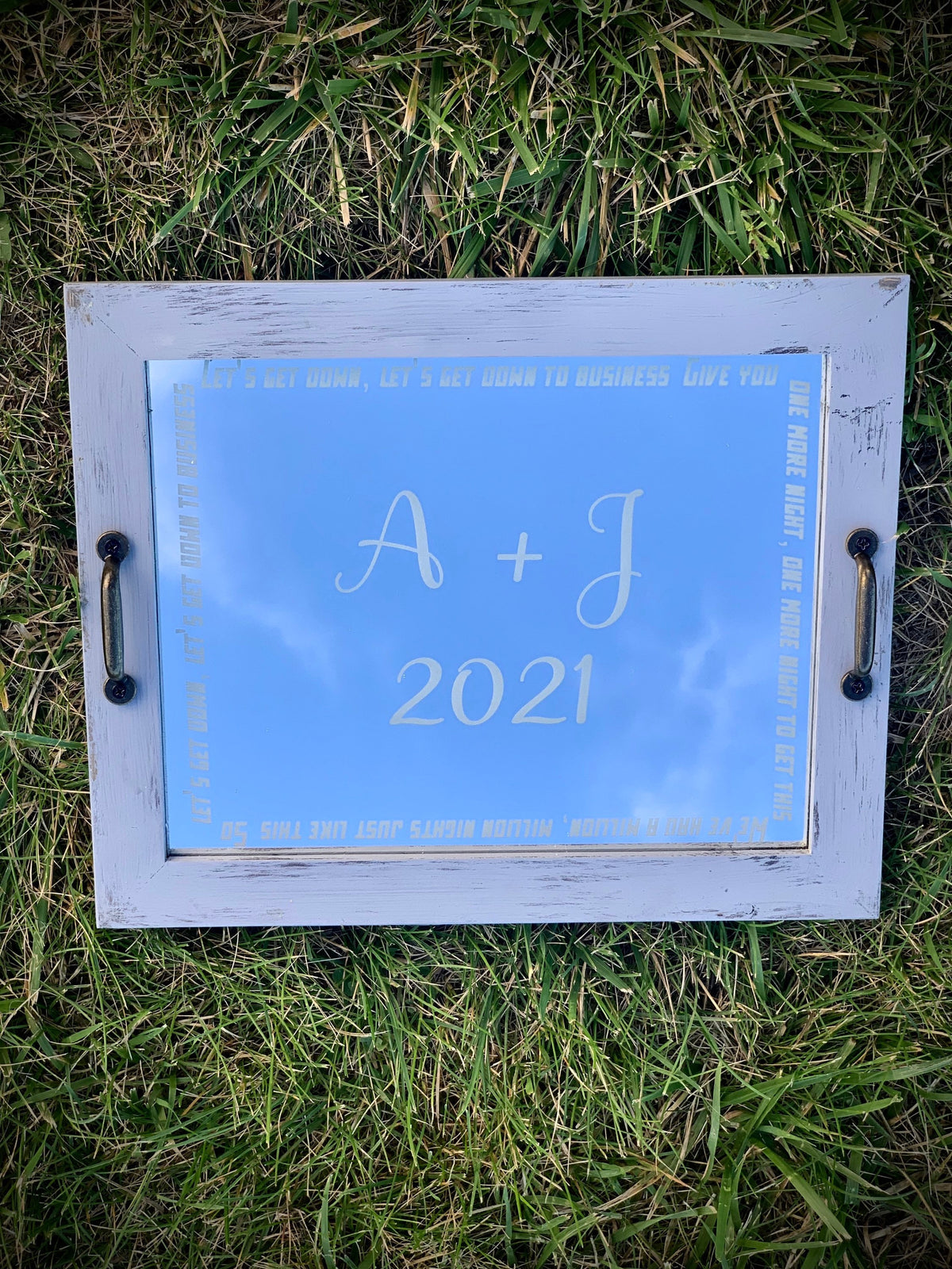 Personalized Wedding Song Mirrored Tray|Barn Wood Tray|Large Mirror|Initial Mirror|Song Lyric|Custom Engraved Grey Mirror|Anniversary 14x17