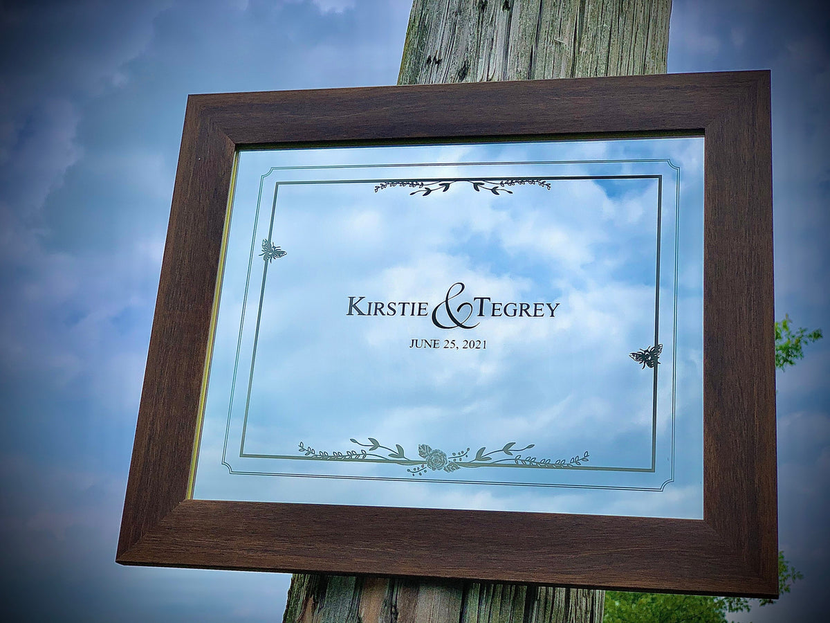 Personalized Wedding Logo Mirror|Barn Wood Mirror|Large Mirror|Initial Mirror|Bee Theme Sign|Custom Engraved Walnut Mirror|Anniversary 11x14