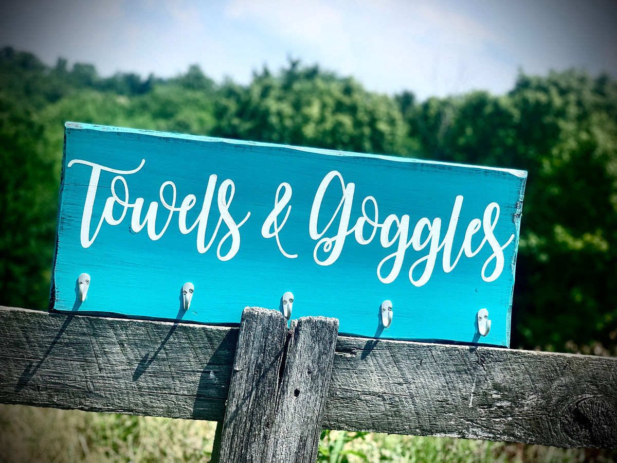 Hand Painted Towels and Goggles Sign|Farmhouse Towel Rack|Distressed Hanging Rustic Reclaimed Barnwood Hot Tub Sign|Pool Sign|Teal Farm Sign