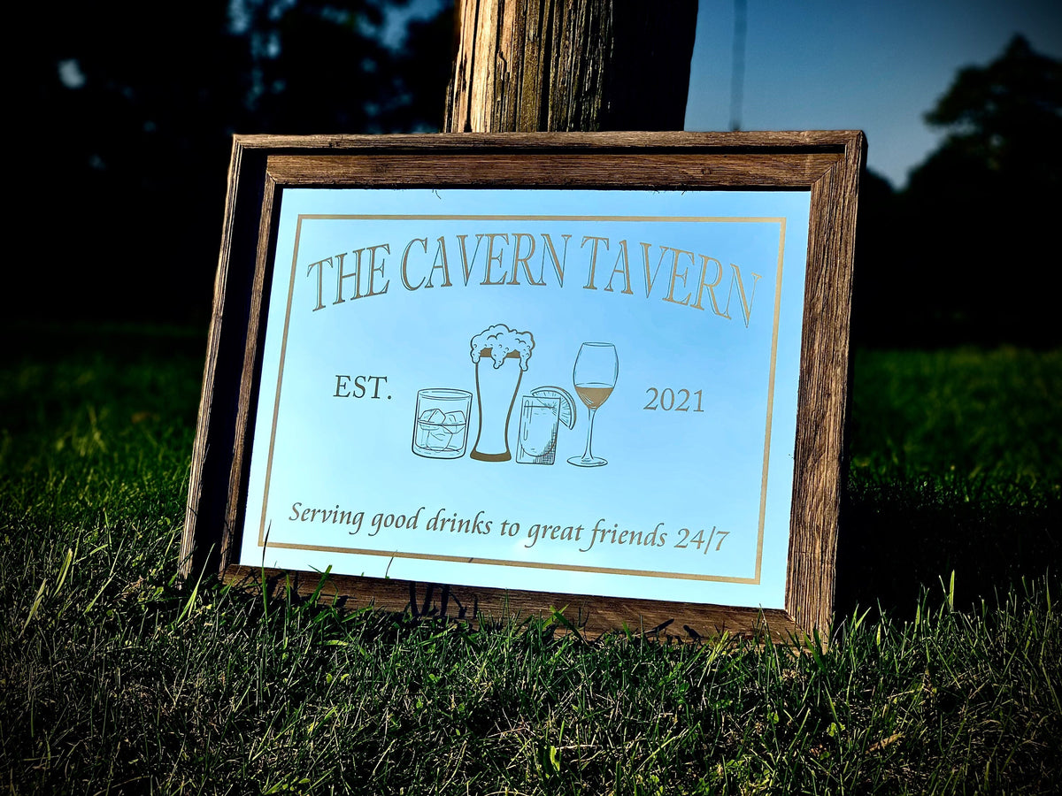 Personalized Bar Mirror|Large Mirror|Personalized Barn wood Mirror|Custom Engraved Mirror|Laser Engraved Mirror|Custom Drinking Glass|18x24