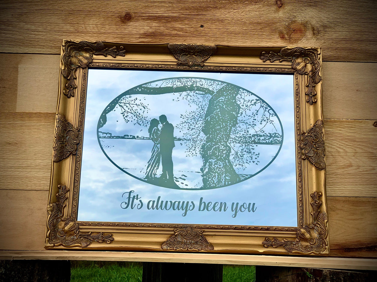 Personalized Engraved Photo Mirror|Antique Gold Frame Mirror|Large Mirror|Personalized Wedding Sign|Engraved Mirror|18x24 Gold Mirror