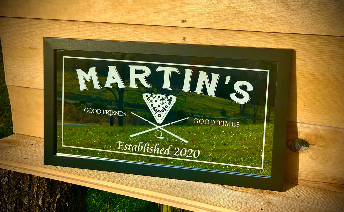 Personalized Black Pool Rack Mirror|Large Bar Mirror|Pool Hall Sign|Custom Engraved Mirror|Black Mirror|Pool Cue Bar|Billiards Sign|12x24