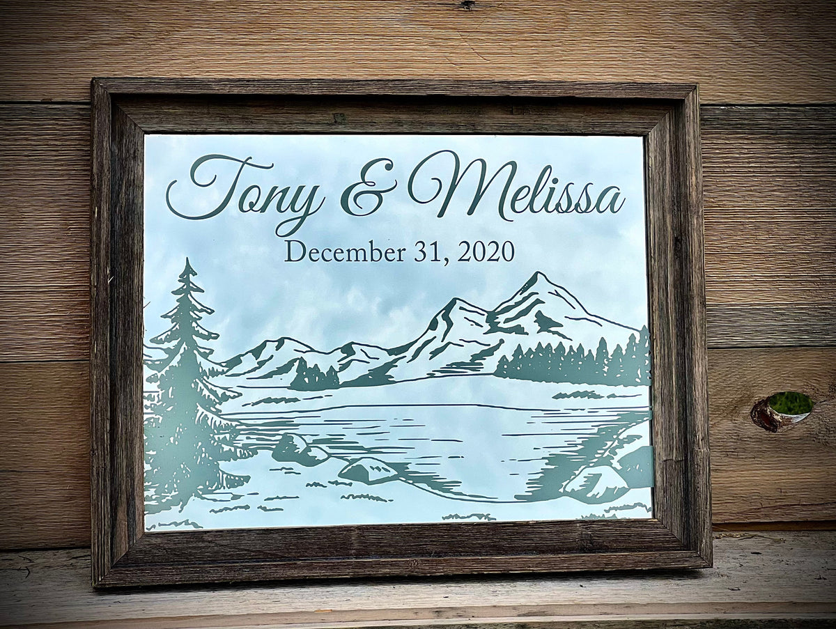 Personalized Lake Mountain Mirror|Custom Mirror|Barnwood Mirror |Large Mirror|Custom Engraved Mirror|Farmhouse Wall Mirror|11x14