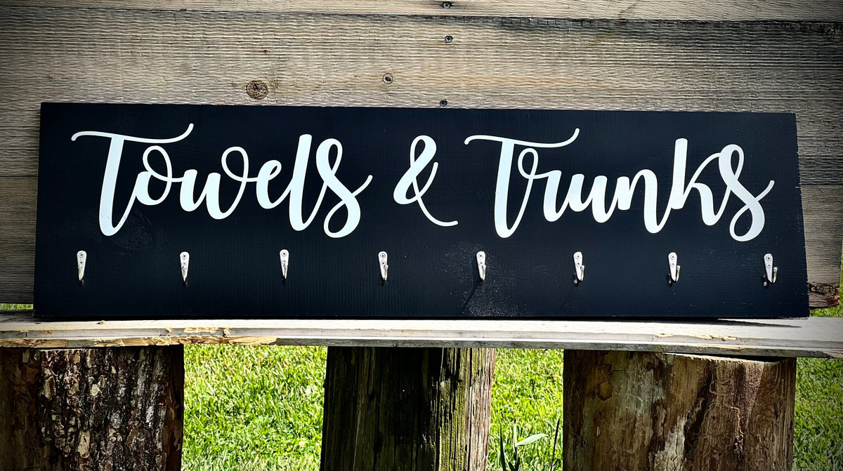 Hand Painted Modern Black Towel & Trunks Sign|Modern Towel Rack|Hanging Wood Pool Sign|Pool Sign|Towel Hook Sign