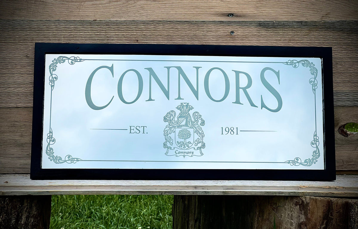 Personalized Family Crest Coat of Arms Mirror in Black Frame|Personalized Bar Mirror|Custom Engraved Mirror|Black Wall Mirror|12x24