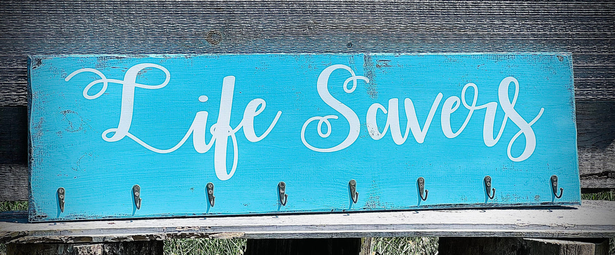 Hand Painted Life Savers Sign|Farmhouse Towel Rack|Distressed Hanging Rustic Reclaimed Barnwood Hot Tub Sign|Pool Sign|Teal Farm Sign