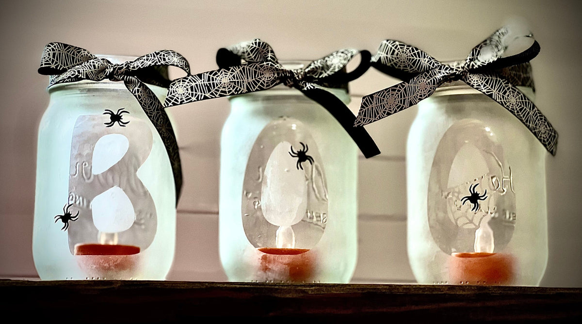 Halloween BOO Frosted Mason Jar Candle Holder Set| Decoration|Halloween Decorations|Halloween Candle Holder|Spider Decor