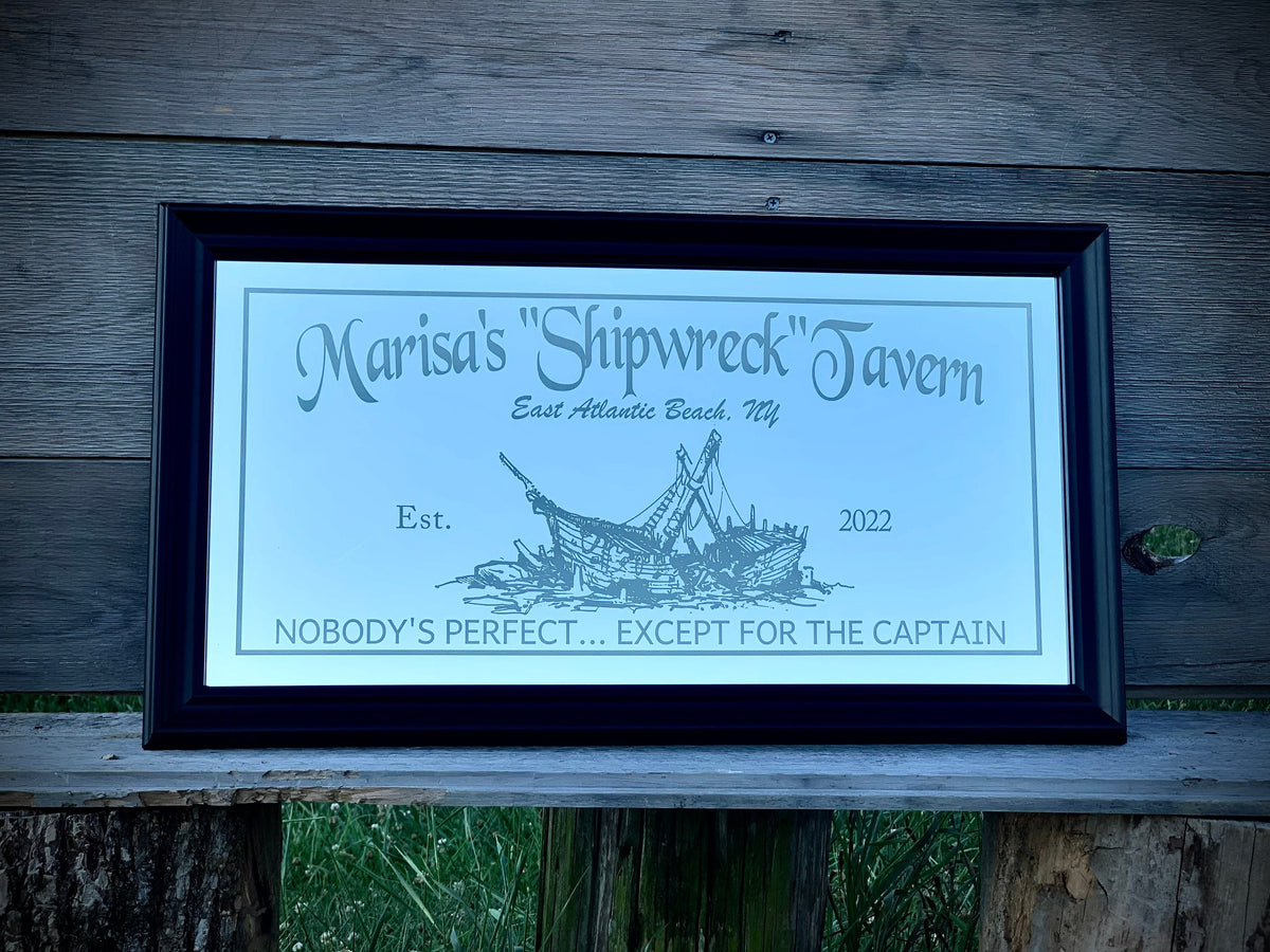 Custom Shipwreck Mirror|Large Nautical Mirror|Personalized Bar Mirror|Custom Engraved Mirror|Black mirror|12x24