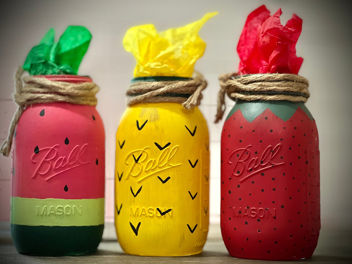 Fruit Themed Centerpieces|Strawberry Jar|Pineapple Centerpiece|Watermelon Party|Summer Picnic Table Decorations|Quart Mason Jar