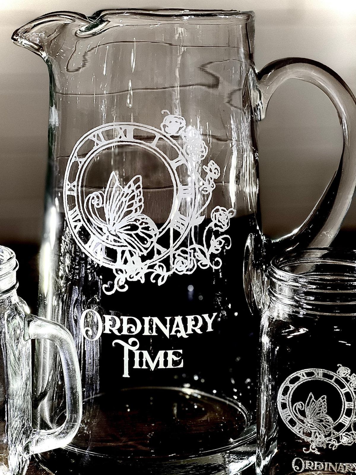 Personalized Engraved Rose Butterfly Pitcher & Mason Glass Set|Glass Lemonade Pitcher|Engraved Glasses|Wedding Gift|Bridal Shower Gift|