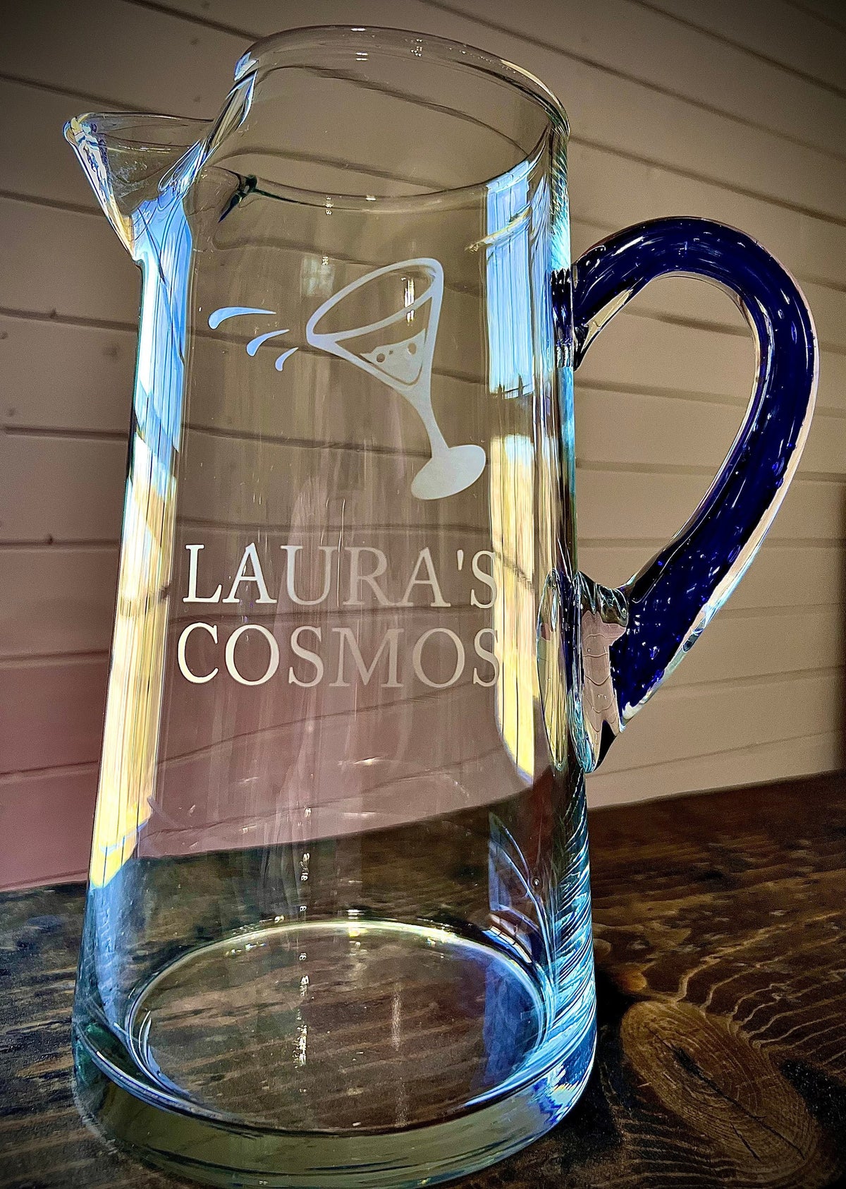 Personalized Glass Martini Pitcher|Glass Cosmo Pitcher|Engraved Glass Pitcher|Engraved Initial Pitcher|Etched Glass Pitcher|Blue Glassware