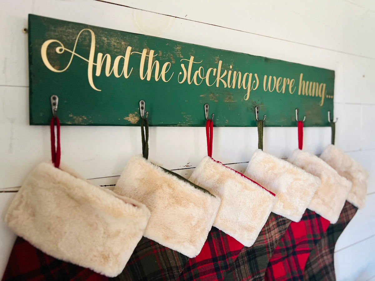 Hanging Rustic Christmas Stocking Holder with Hooks|Wooden Christmas Stocking Hanger|Farmhouse Stocking Hanger|Barnwood Christmas Sign