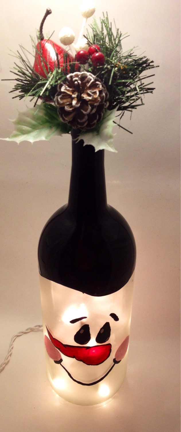 Olaf inspired wine bottle lamp