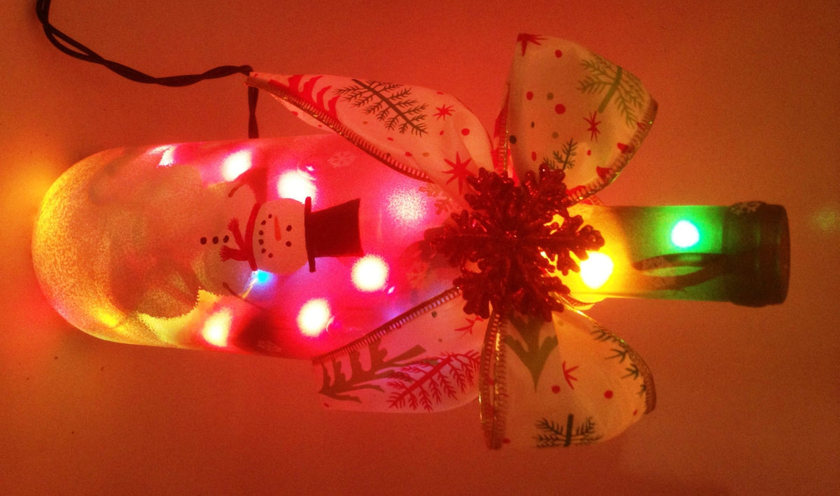 Snowman wine bottle lamp with colored lights