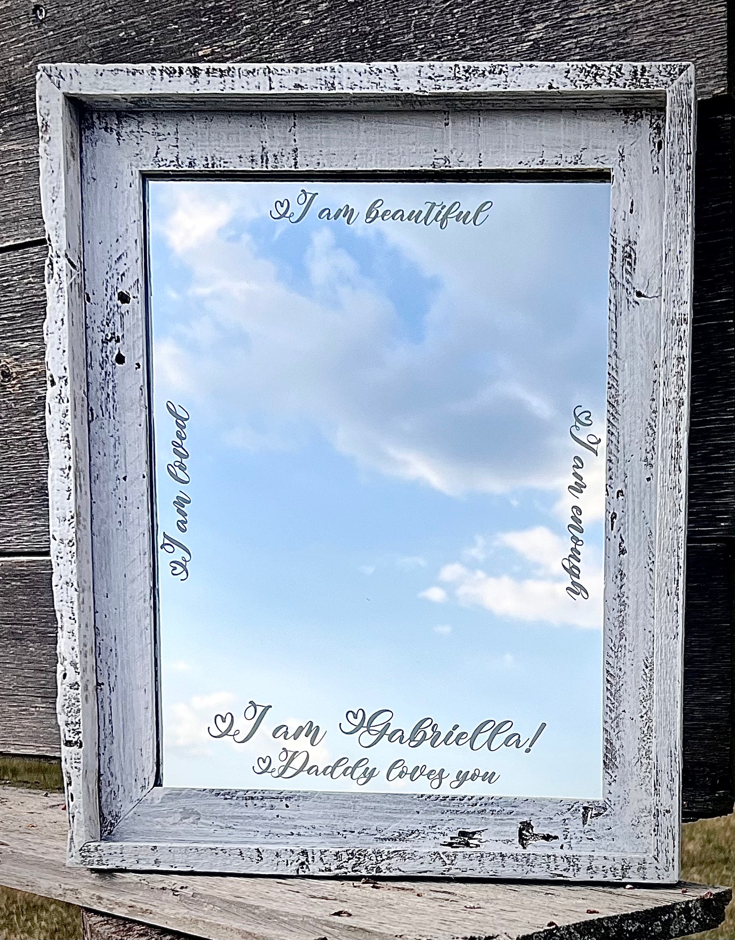 Laser Engraved 'I Am' Mirror in White Washed Barnwood Frame|White Mirror|Positive Words Mirror|Inspirational Wall Art|11x14