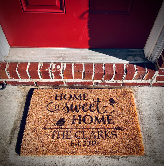 Personalized Home Sweet Home Coir Fiber Door Mat - Custom Laser Engraved with Last Name & Established Date