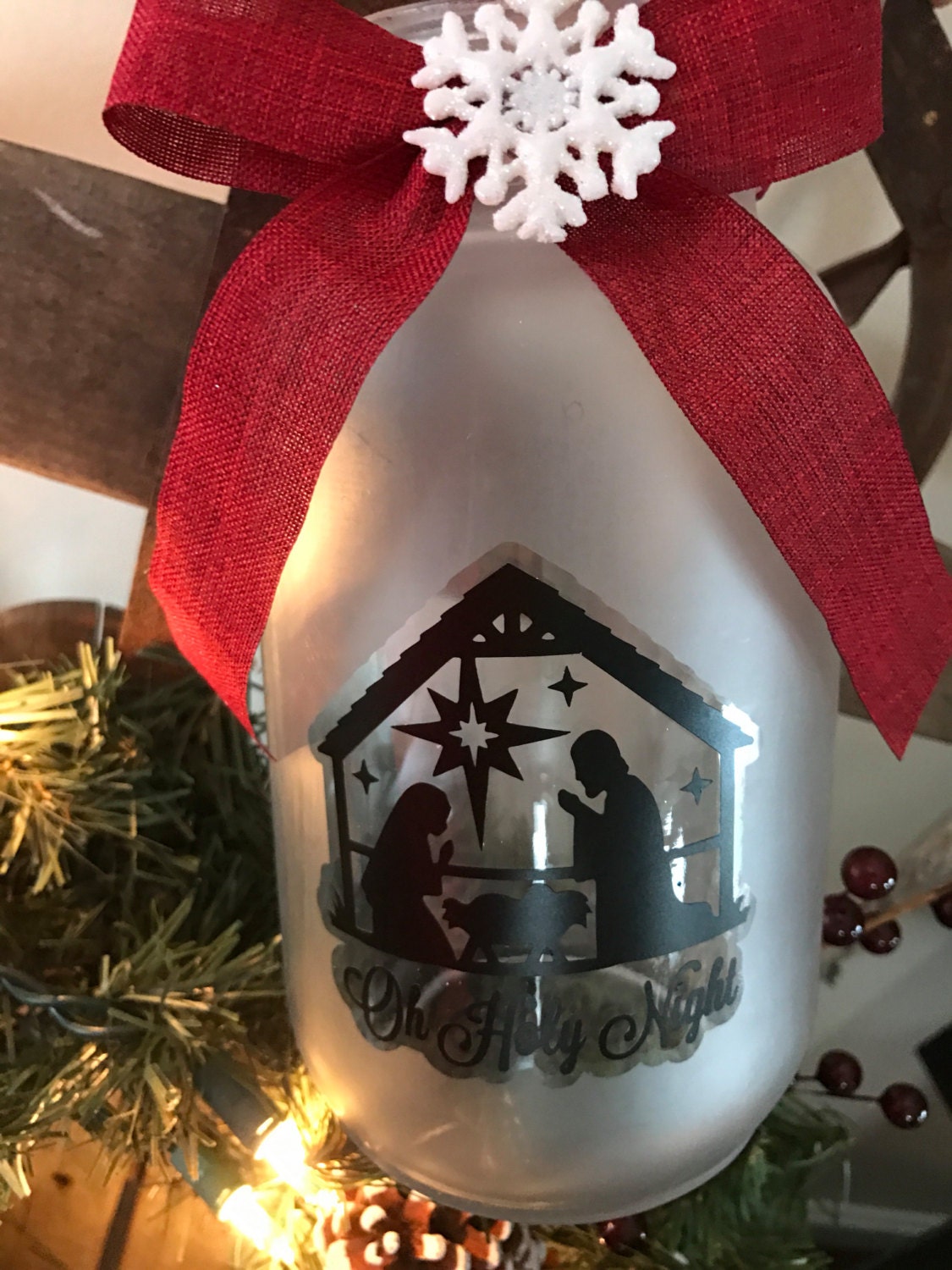 Oh Holy Night Nativity Scene Frosted Mason Jar Candle Holder|Nativity Decoration|Christmas Nativity|Christmas Candle Holder|Nativity Decor