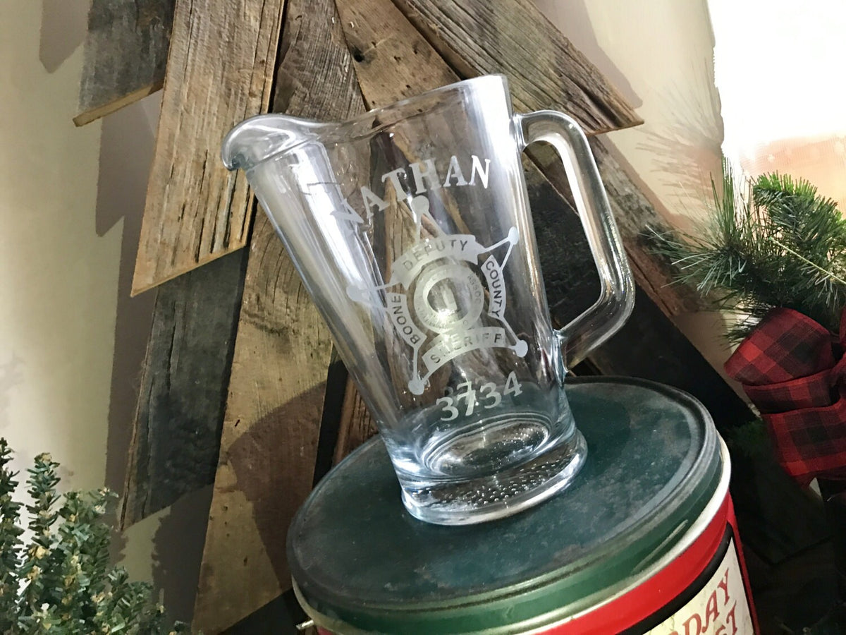 Custom Sherriff Badge Engraved Glass Pitcher|Retirement Gift|Law Enforcement Gift|Fire Department Gift|Monogrammed Glass Pitcher|Beer Gift