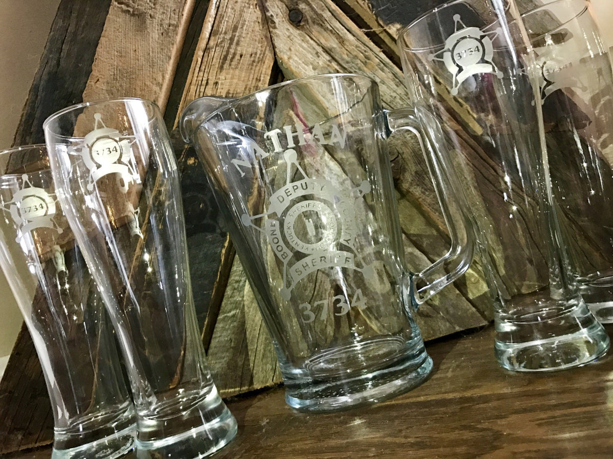 Custom Sherriff Badge Engraved Glass Pitcher|Retirement Gift|Law Enforcement Gift|Fire Department Gift|Monogrammed Glass Pitcher|Beer Gift