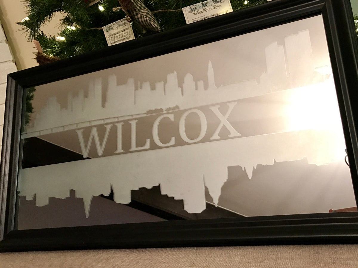 Custom Personalized City Skyline Mirror, Large Mirror, Personalized Bar Mirror, Custom Engraved Mirror, Black mirror, 12x24