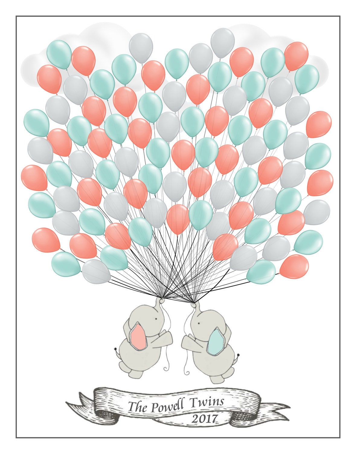 Personalized Blue & Grey Twins Elephant Baby Shower Guest Signing Poster