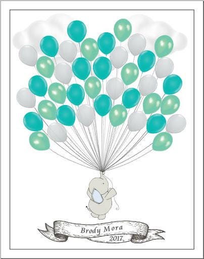 Personalized Blue & Grey Twins Elephant Baby Shower Guest Signing Poster