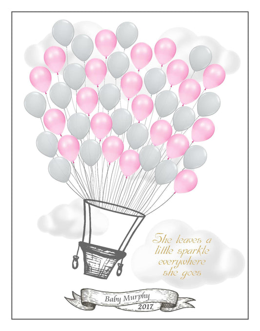 Personalized Pink and Grey Hot Air Balloon Baby Shower Guest Signing Poster