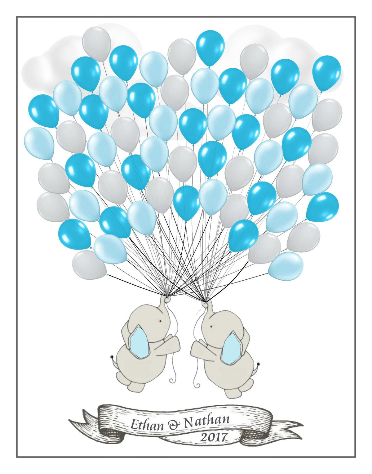 Personalized Blue & Grey Twins Elephant Baby Shower Guest Signing Poster