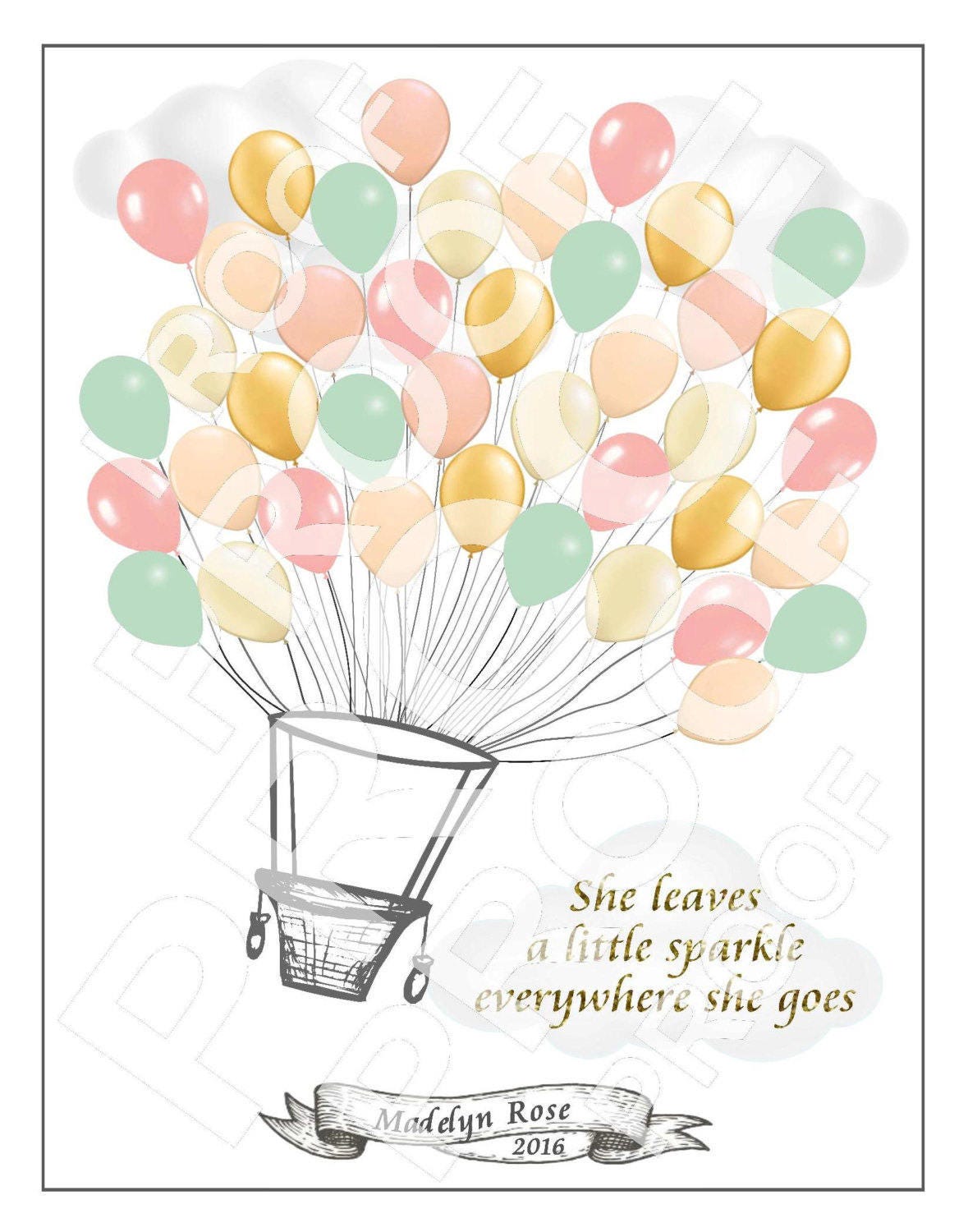 Personalized Pink and Grey Hot Air Balloon Baby Shower Guest Signing Poster