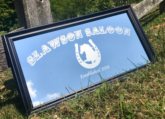 Custom Personalized Horse Saloon Mirror, Large Mirror, Personalized Bar Mirror, Custom Engraved Mirror, Black mirror, 12x24