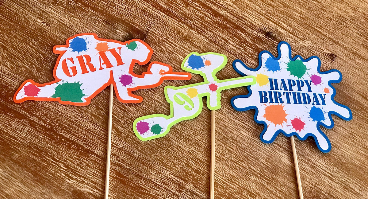 Handmade Paintball Cupcake Toppers or Centerpiece Stakes, Paint splat Birthday