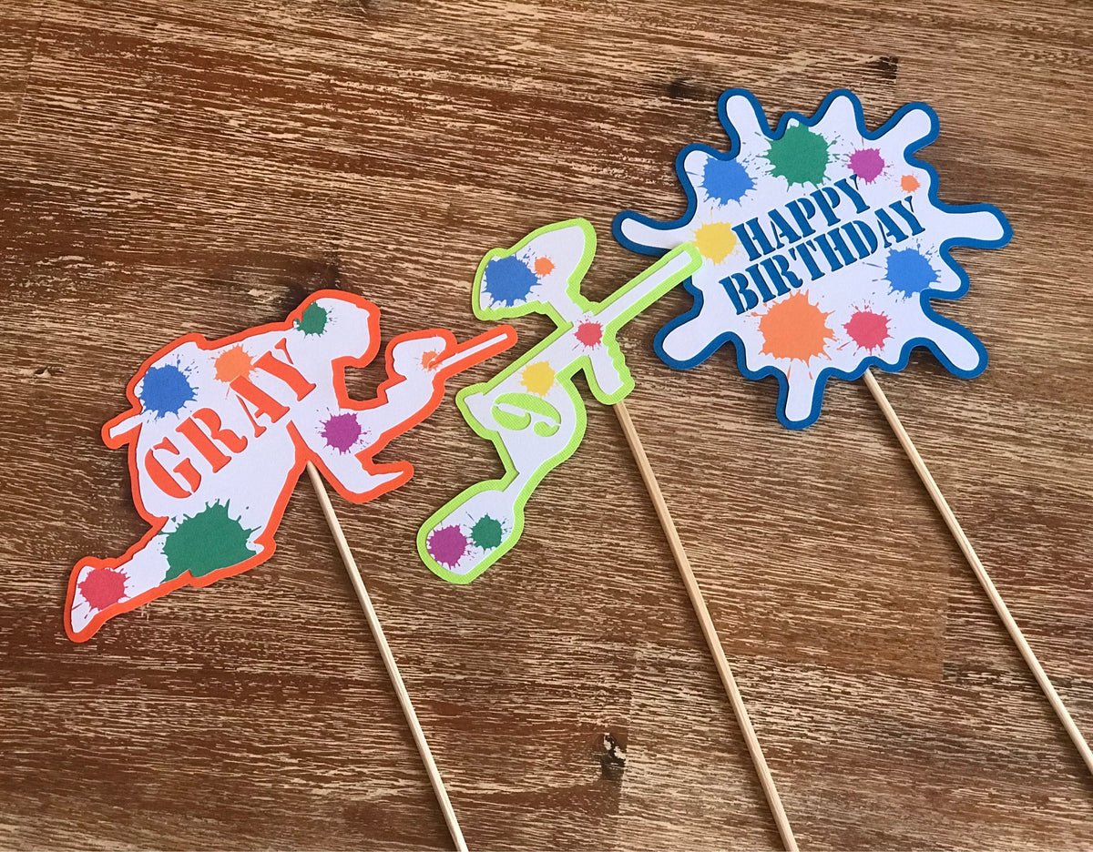 Handmade Paintball Cupcake Toppers or Centerpiece Stakes, Paint splat Birthday