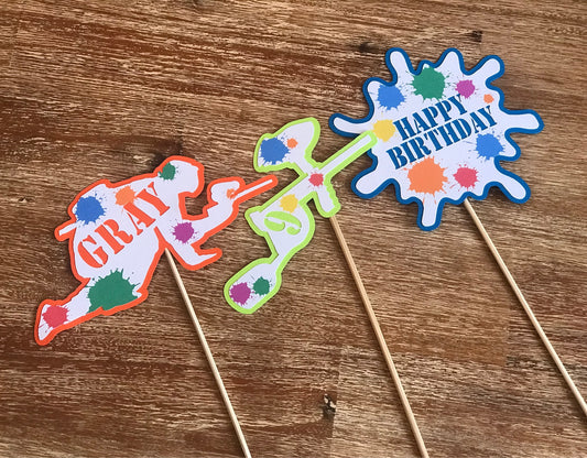 Handmade Paintball Cupcake Toppers or Centerpiece Stakes, Paint splat Birthday
