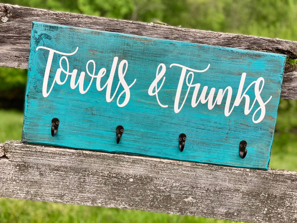 Hand Painted Pool Towels Sign|Farmhouse Towel Rack|Distressed Hanging Rustic Reclaimed Barnwood Hot Tub Sign|Pool Sign|Teal Farm Sign