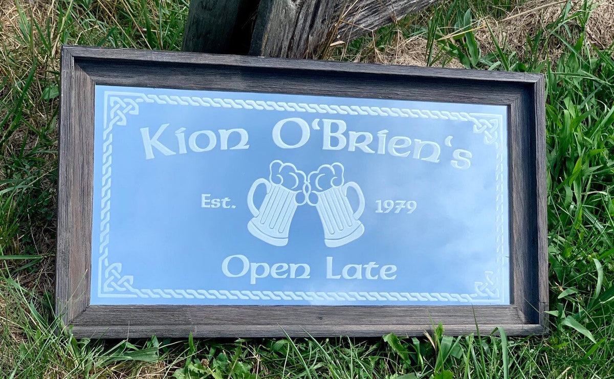 Personalized Celtic Bar Mirror in Barnwood Frame|Personalized Bar Mirror|Custom Engraved Mirror|Rustic Wall Mirror|Beer Mirror|12x24