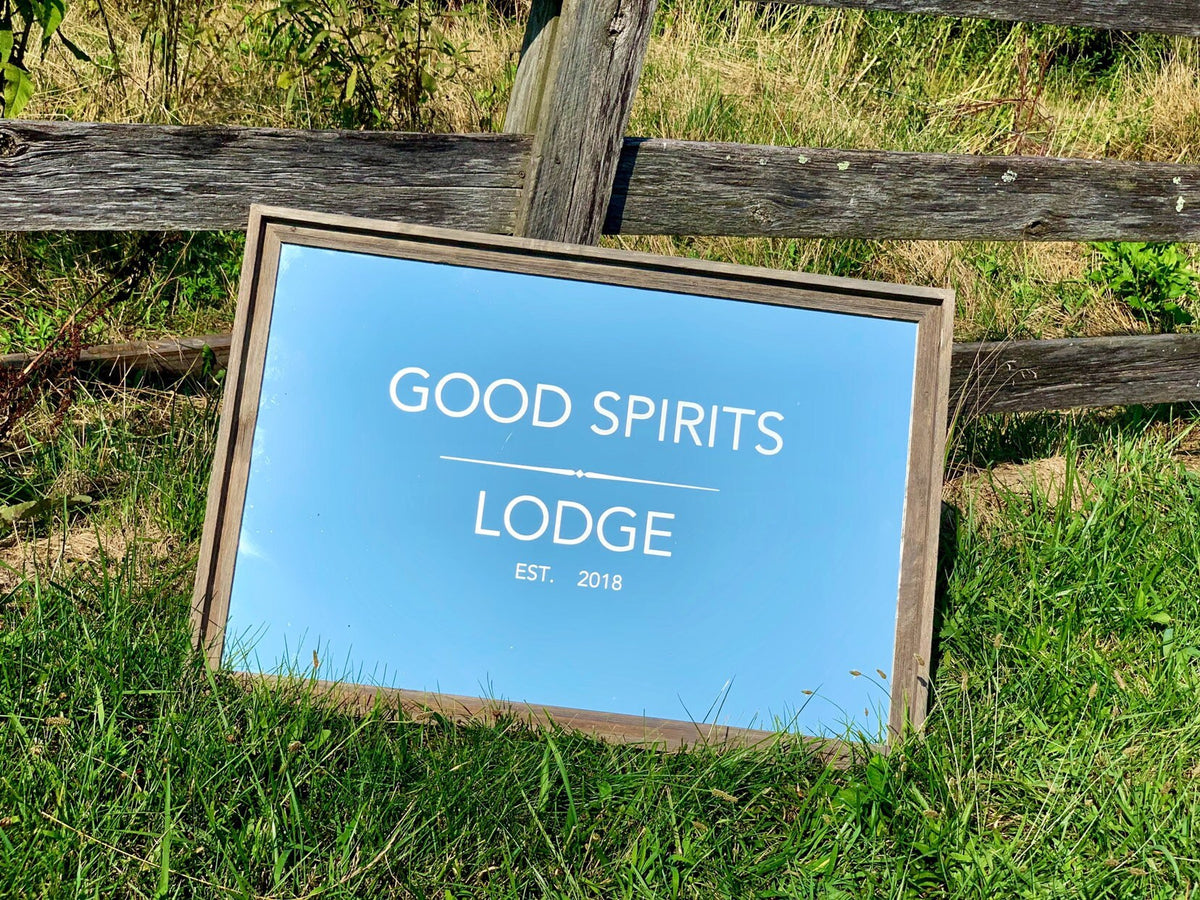 Personalized Modern Good Spirits Bar Mirror, Large Mirror, Personalized Bar Mirror, Modern Decor, Custom Engraved Mirror, 2x3' Barnwood