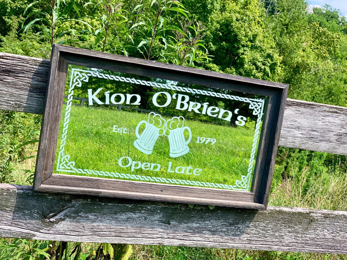 Personalized Celtic Bar Mirror in Barnwood Frame|Personalized Bar Mirror|Custom Engraved Mirror|Rustic Wall Mirror|Beer Mirror|12x24