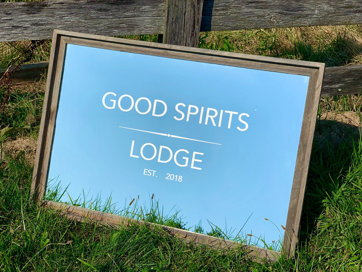Personalized Modern Good Spirits Bar Mirror, Large Mirror, Personalized Bar Mirror, Modern Decor, Custom Engraved Mirror, 2x3' Barnwood