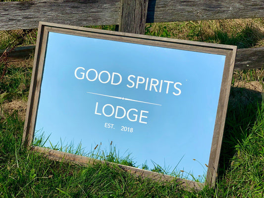 Personalized Modern Good Spirits Bar Mirror, Large Mirror, Personalized Bar Mirror, Modern Decor, Custom Engraved Mirror, 2x3' Barnwood