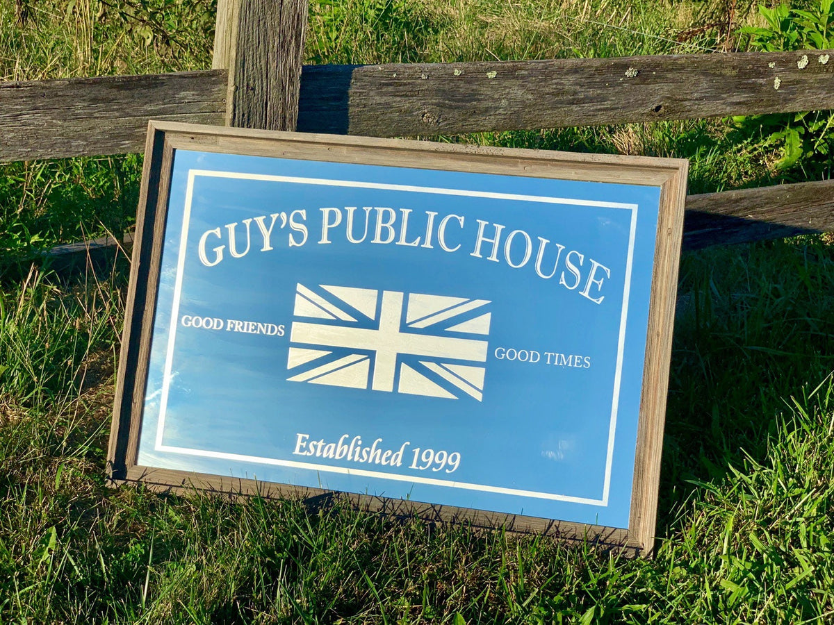 Custom Flag Bar Mirror|Large Mirror|Bar Sign|Custom Flag Sign|Family Name Sign|Custom Mantle Mirror|British Flag Sign|American Flag Sign|