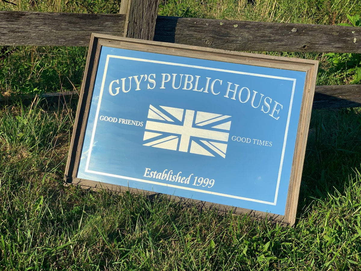 Custom Flag Bar Mirror|Large Mirror|Bar Sign|Custom Flag Sign|Family Name Sign|Custom Mantle Mirror|British Flag Sign|American Flag Sign|